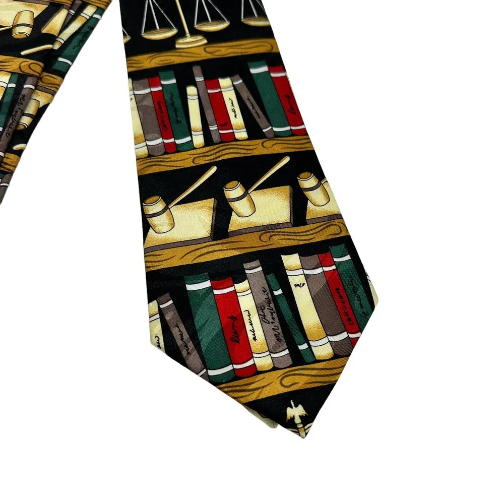 MULTICOLOR JUSTICE SCALE, MALLET, LAW BOOKS ALL OVER PRINT MEN’S TIE